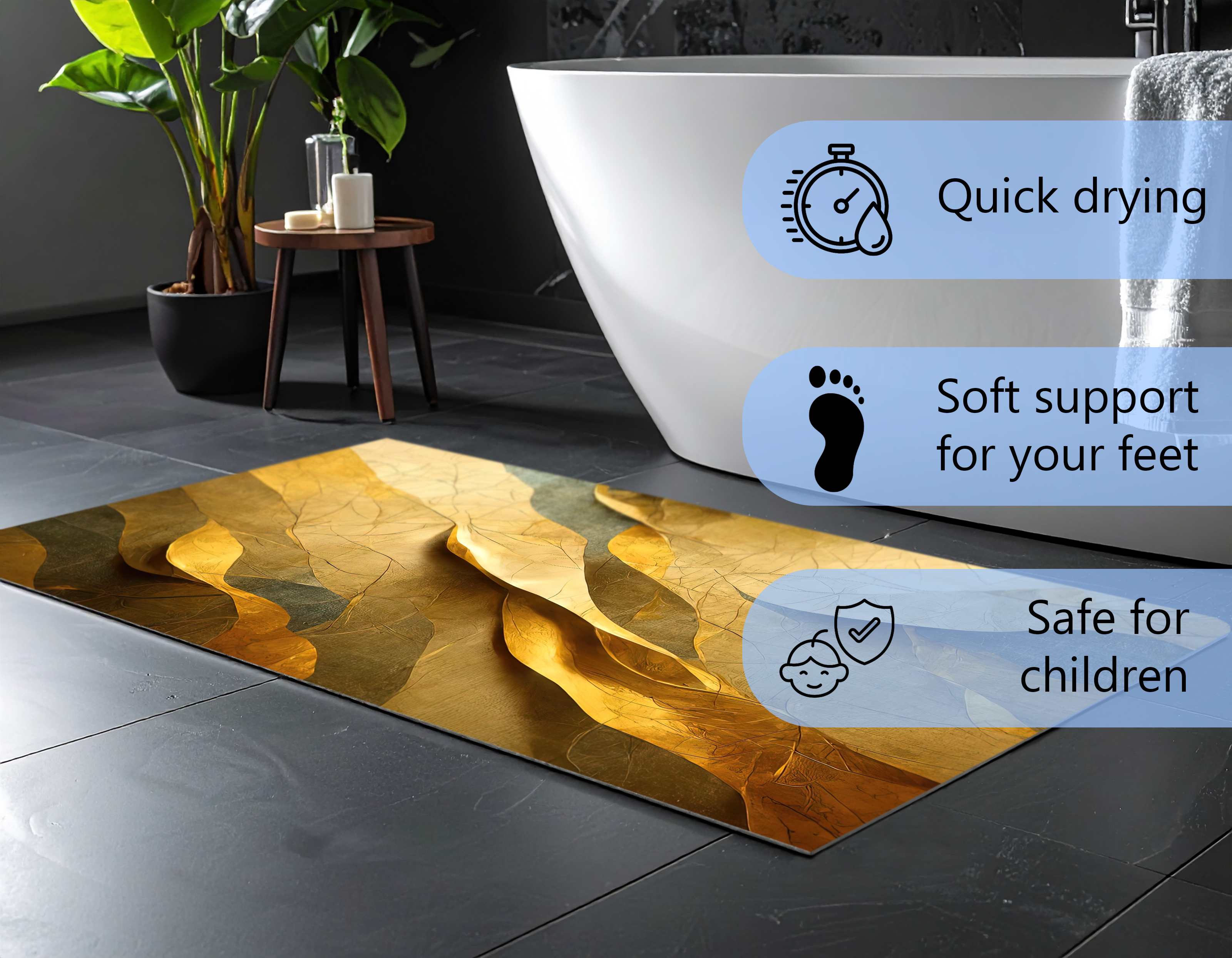 Concept Crystal Bathroom PVC Mat – Water-Resistant Floor Mat – Modern Designer Bath Mat with 4 Size Options for Bathroom, Shower & Toilet - Soft Shower Mat with Decorative Designs : Golden Structure