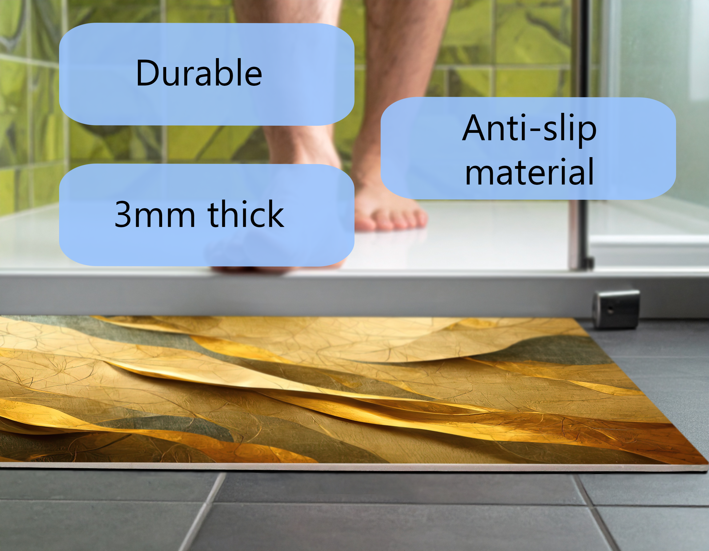 Concept Crystal Bathroom PVC Mat – Water-Resistant Floor Mat – Modern Designer Bath Mat with 4 Size Options for Bathroom, Shower & Toilet - Soft Shower Mat with Decorative Designs : Golden Structure