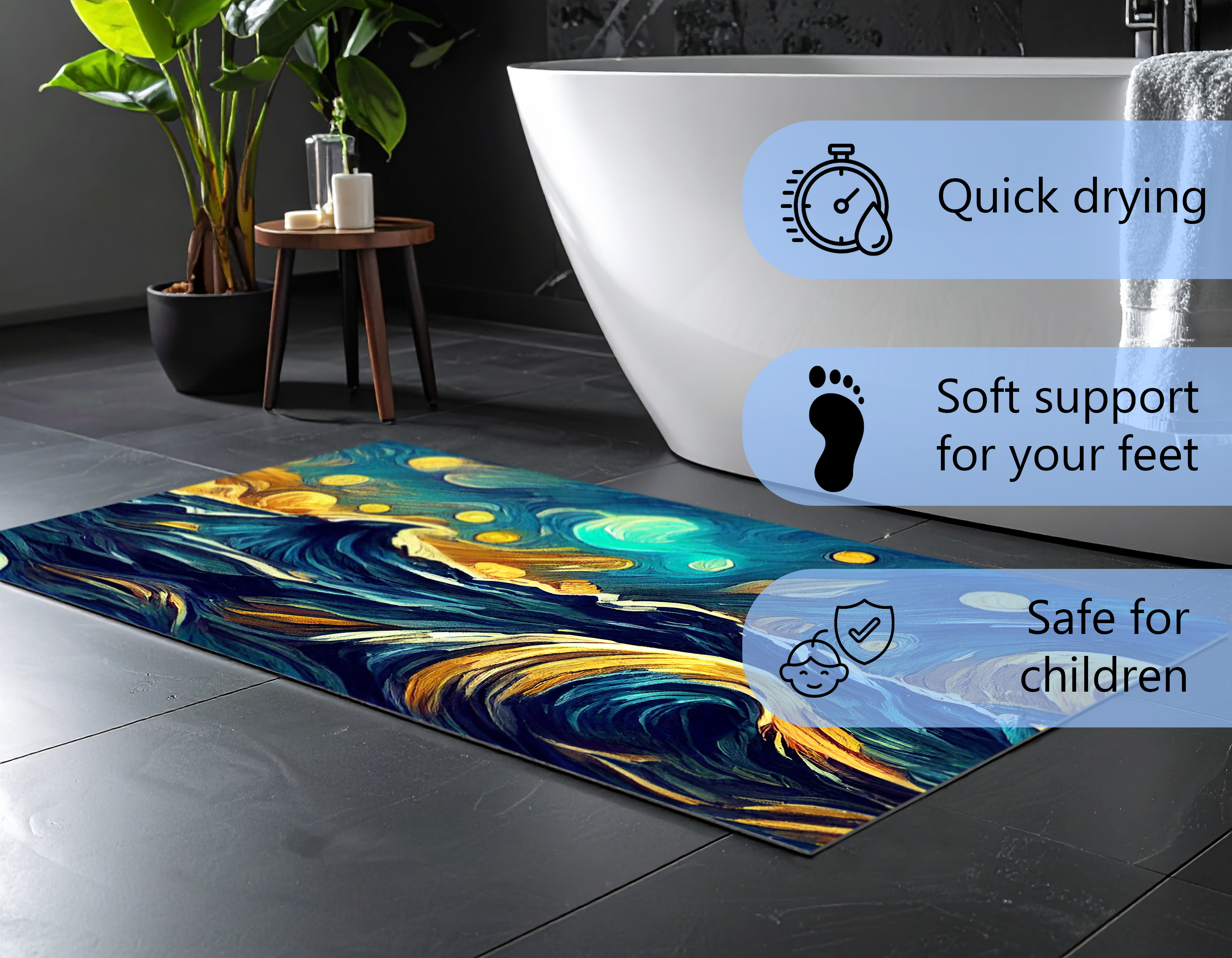 Concept Crystal Bathroom PVC Mat – Water-Resistant Floor Mat – Modern Designer Bath Mat with 4 Size Options for Bathroom, Shower & Toilet - Soft Shower Mat with Decorative Designs : Moonlit Ocean