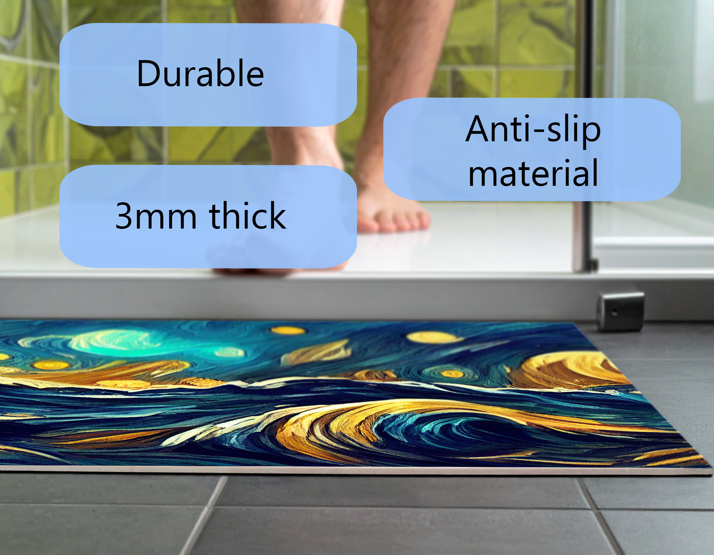 Concept Crystal Bathroom PVC Mat – Water-Resistant Floor Mat – Modern Designer Bath Mat with 4 Size Options for Bathroom, Shower & Toilet - Soft Shower Mat with Decorative Designs : Moonlit Ocean