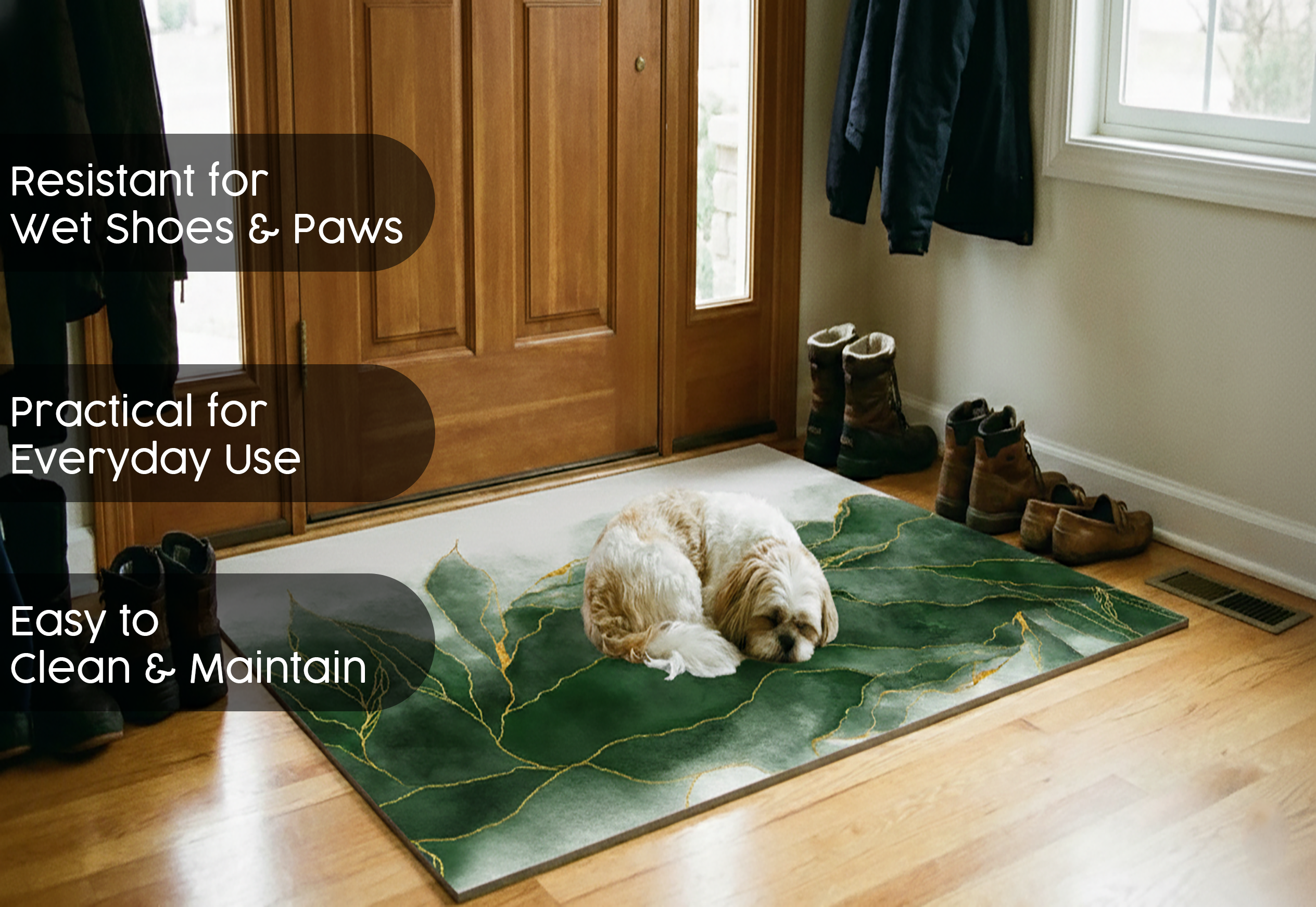 Precision Floor Mat - Innovative Custom PVC Mat for Home, Kitchen & Playrooms – Water Resistant, Stain-Proof & Kids-Safe - Vibrant Designs with Adjustable Sizes from 20x20 cm up to 200x300 cm : Green marble leaves