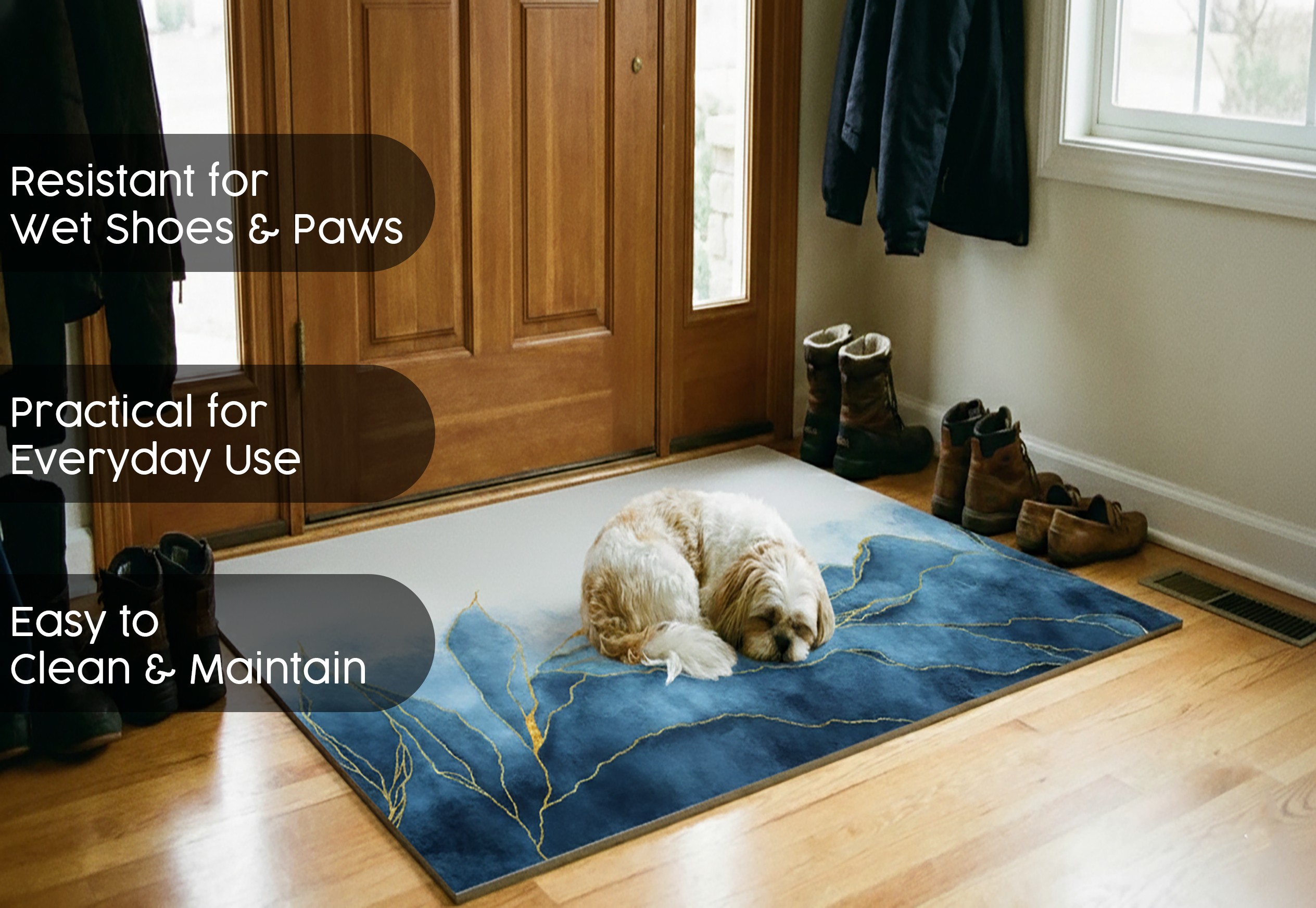 Precision Floor Mat - Innovative Custom PVC Mat for Home, Kitchen & Playrooms – Water Resistant, Stain-Proof & Kids-Safe - Vibrant Designs with Adjustable Sizes from 20x20 cm up to 200x300 cm : Blue marble leaves