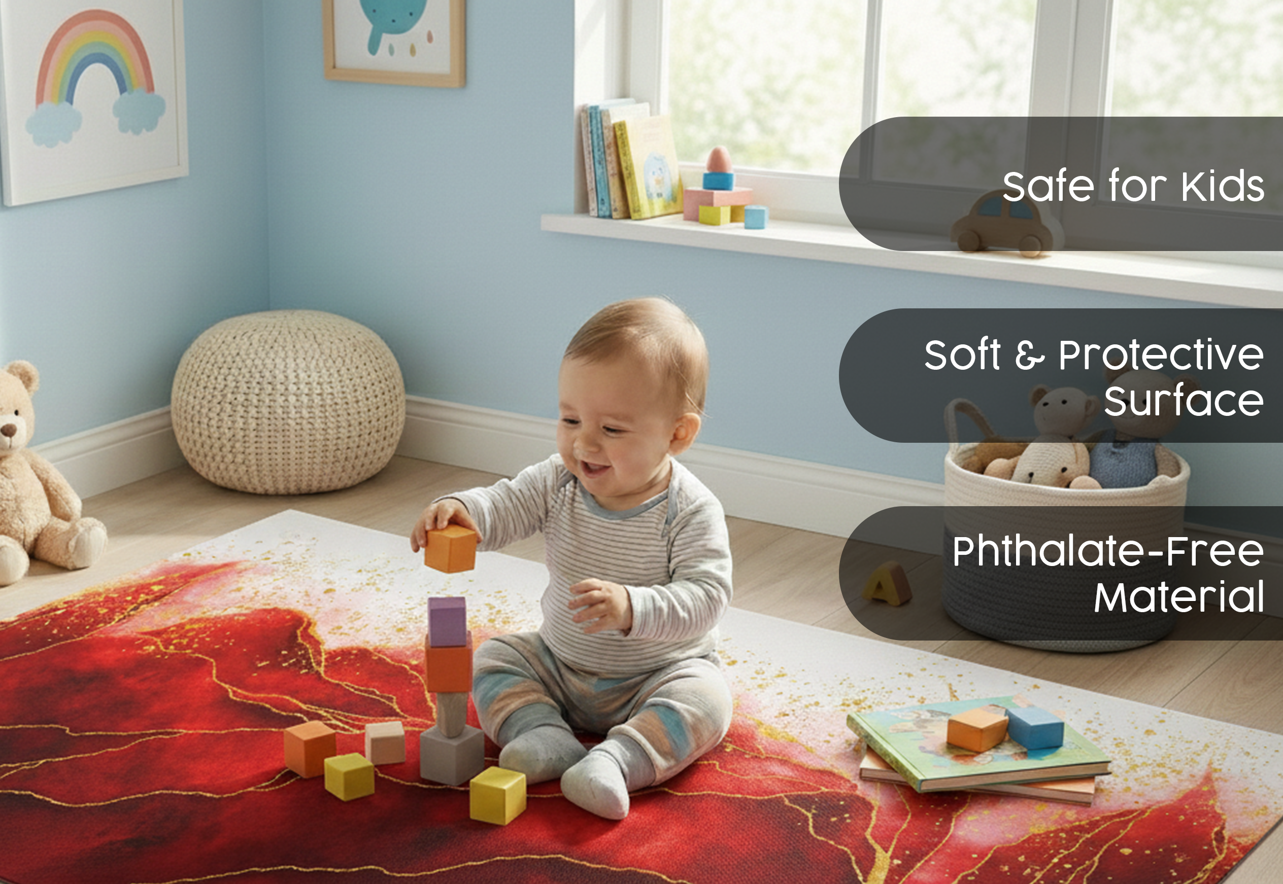 Precision Floor Mat - Innovative Custom PVC Mat for Home, Kitchen & Playrooms – Water Resistant, Stain-Proof & Kids-Safe - Vibrant Designs with Adjustable Sizes from 20x20 cm up to 200x300 cm : Red marble leaves