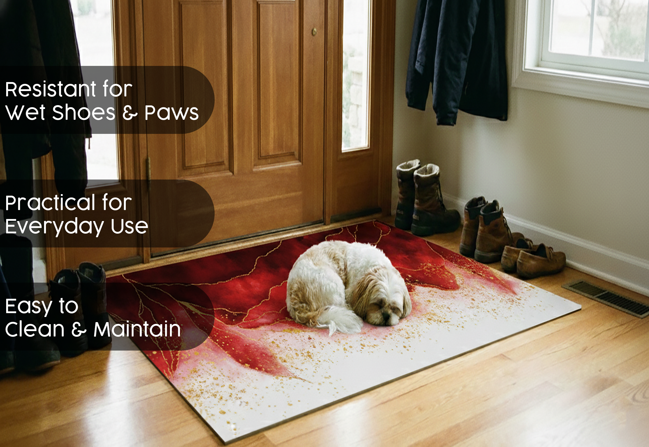 Precision Floor Mat - Innovative Custom PVC Mat for Home, Kitchen & Playrooms – Water Resistant, Stain-Proof & Kids-Safe - Vibrant Designs with Adjustable Sizes from 20x20 cm up to 200x300 cm : Red marble leaves