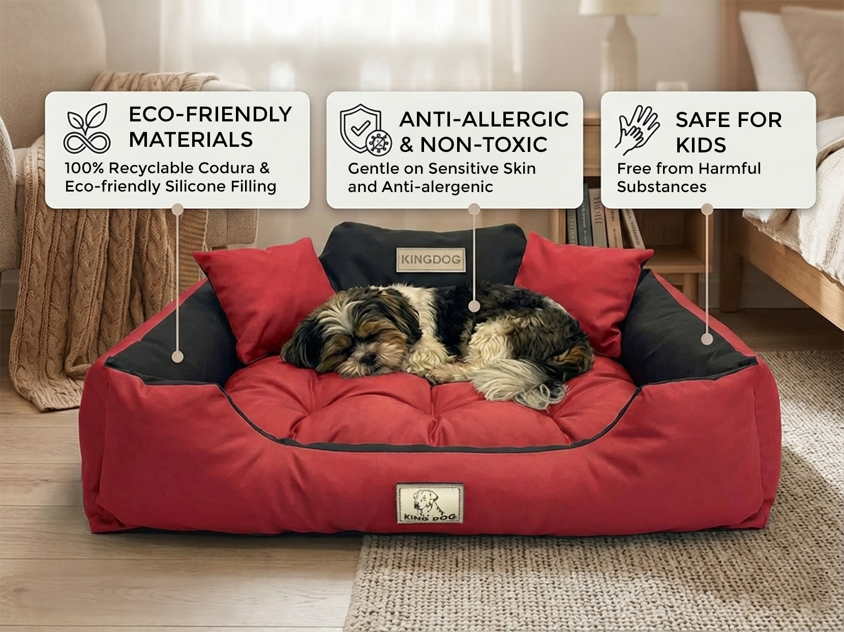 Red Premium Waterproof Bed - Plush Silicone Fill - Handmade in EU | Concept Crystal