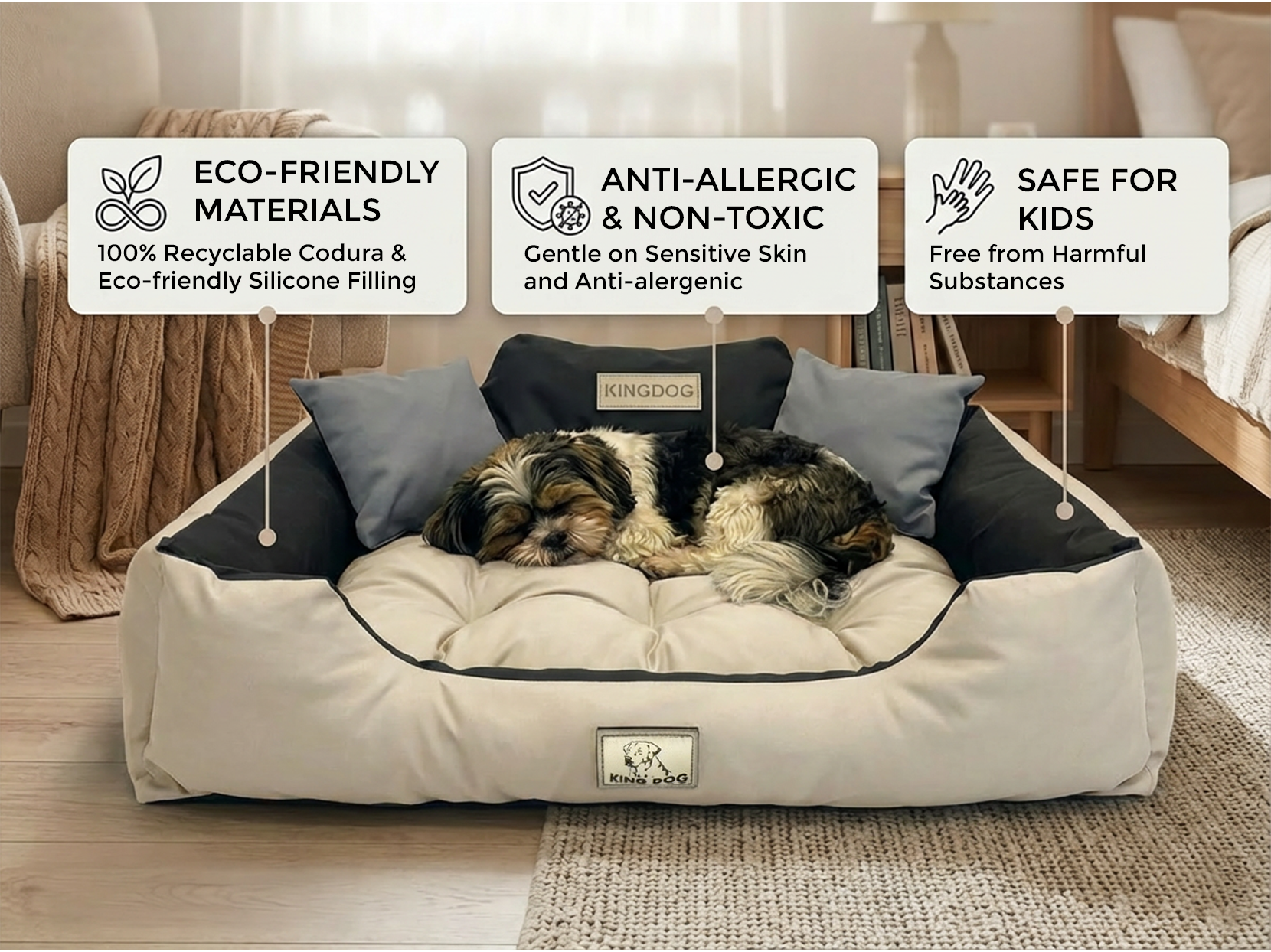 Beige Waterproof Dog Bed - Durable Codura Fabric & Silicone Fill | Concept Crystal