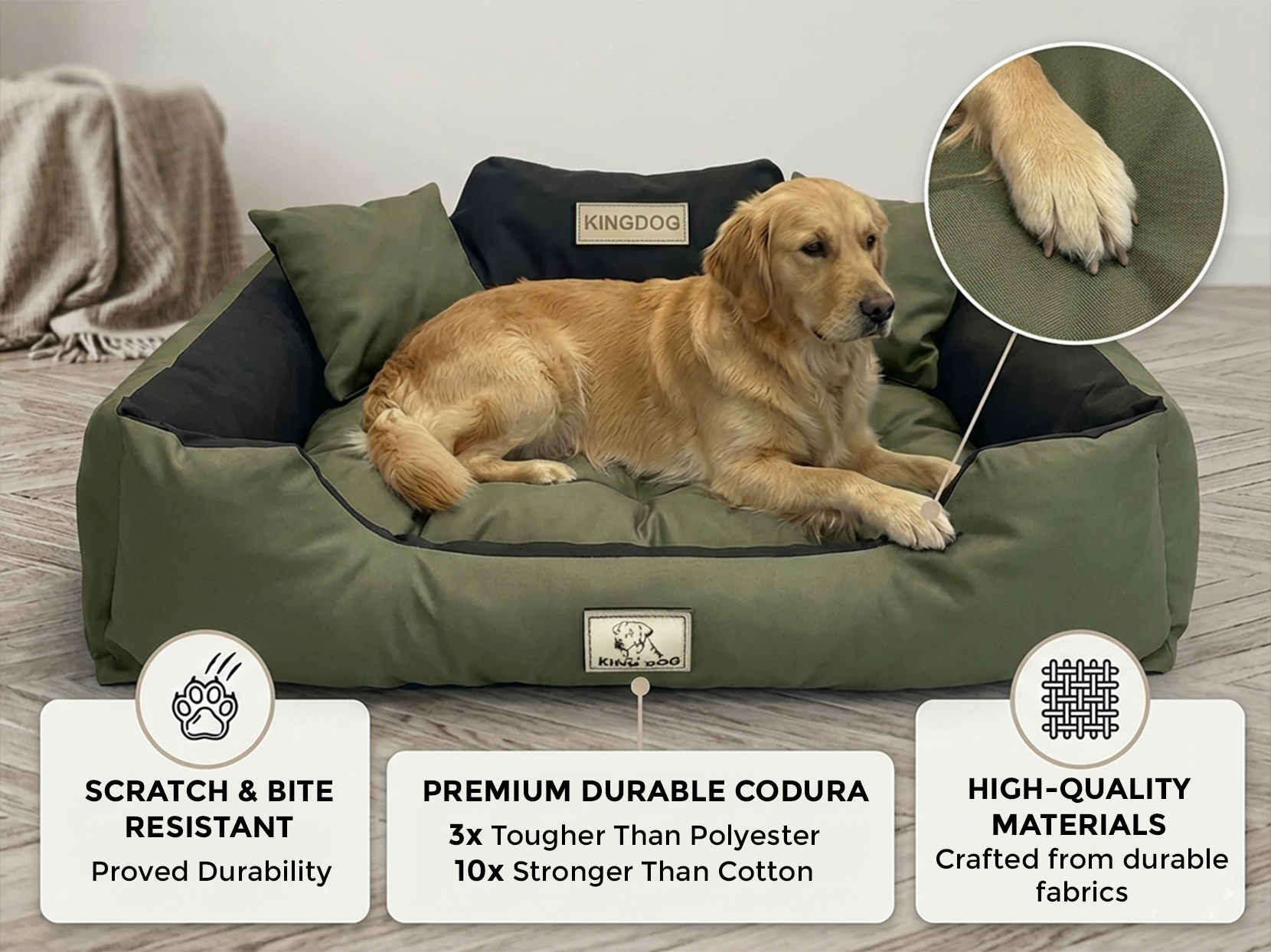 Green Odor-Resistant Dog Bed - Waterproof & Anti-Allergic Codura | Concept Crystal