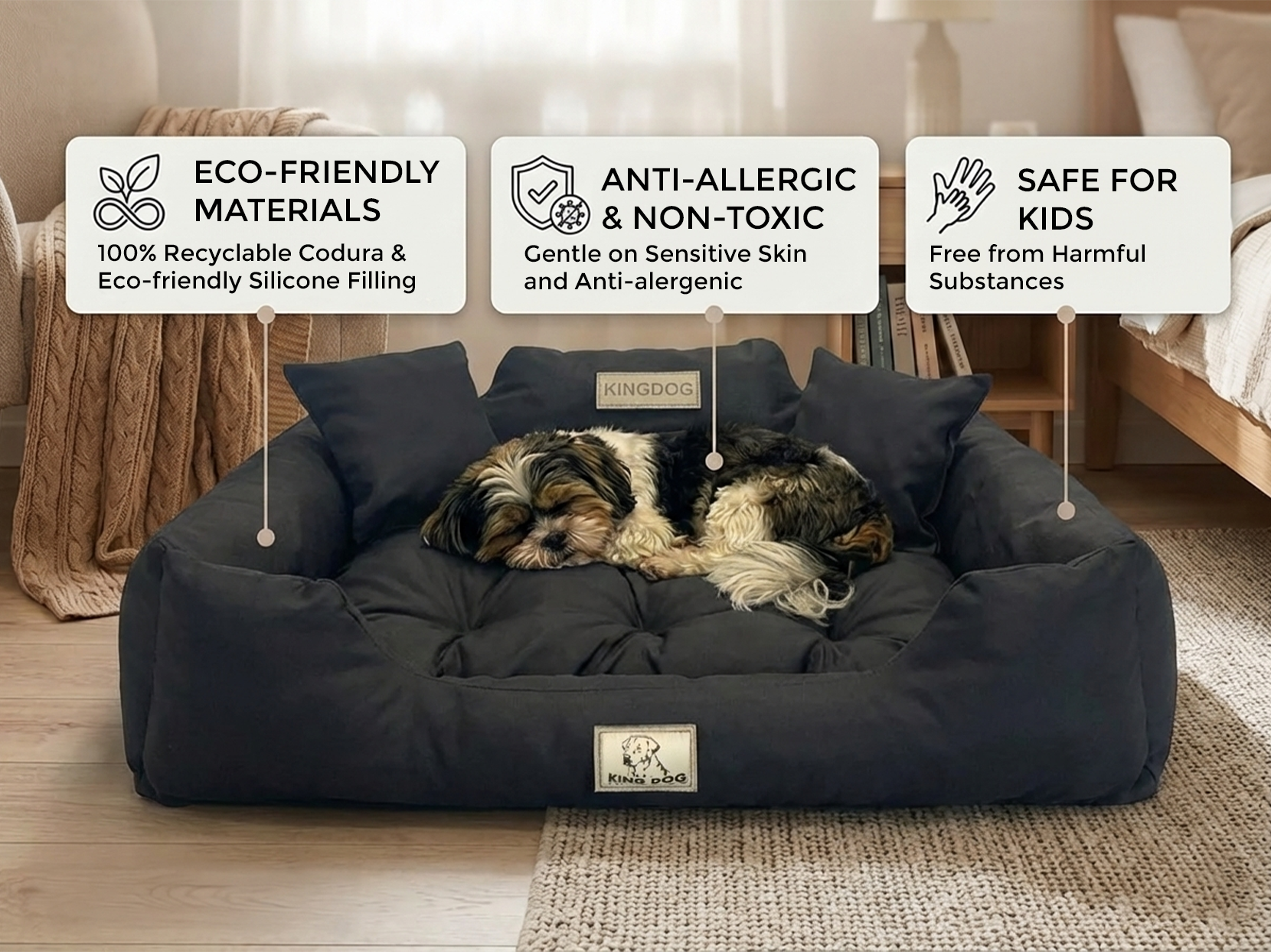 Black Hypoallergenic Dog Bed - Waterproof & Anti-Allergic Codura | Concept Crystal
