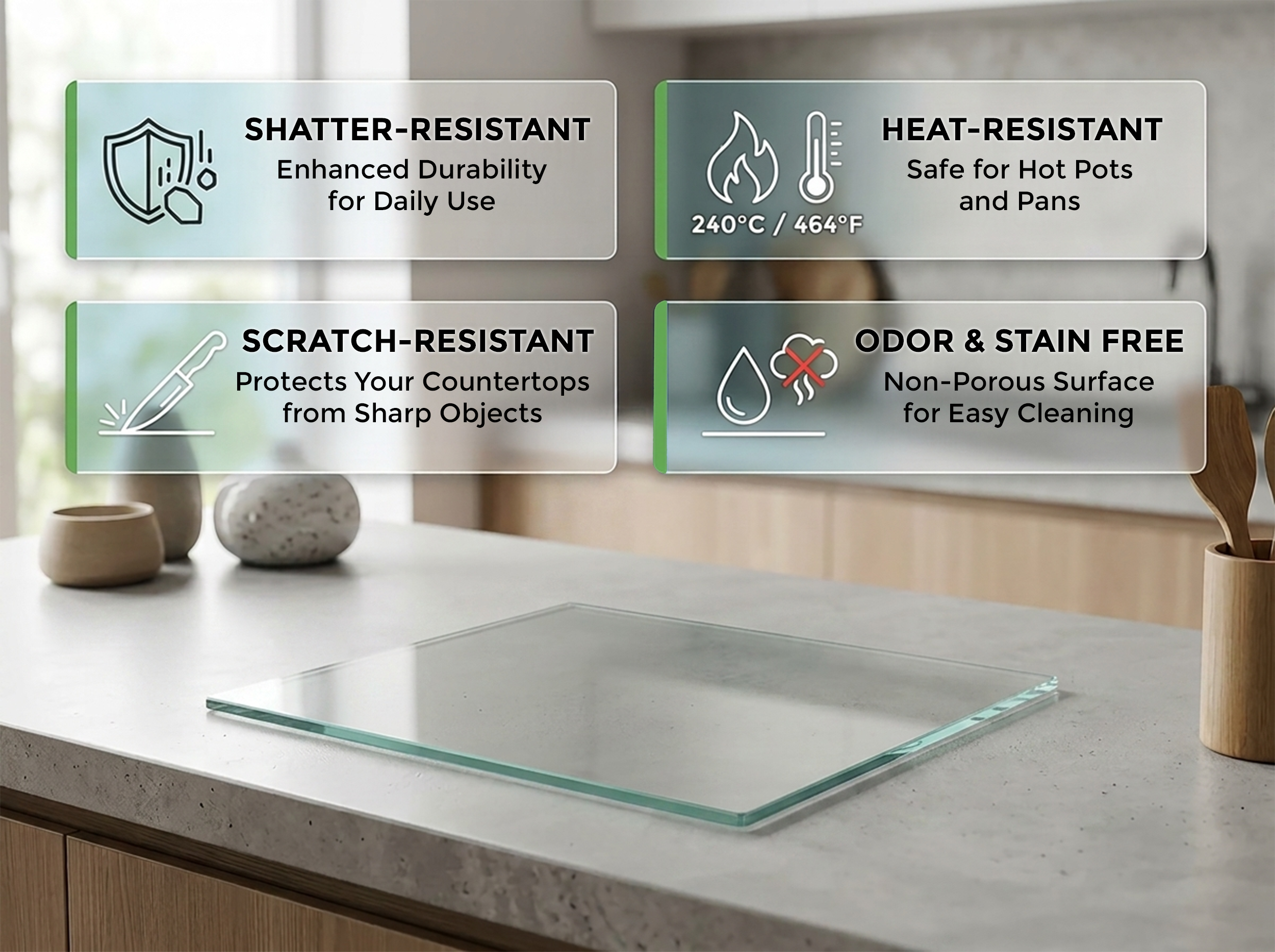 Concept Crystal Transparent Glass Chopping Board (52x40 / 52x30cm), Clear Tempered Glass Worktop Saver, Small Kitchen Countertop Protector & Pastry Board
