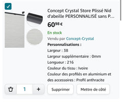Commande pour Anne - stores nid d'abeille - Order for Anne - honeycomb blinds
