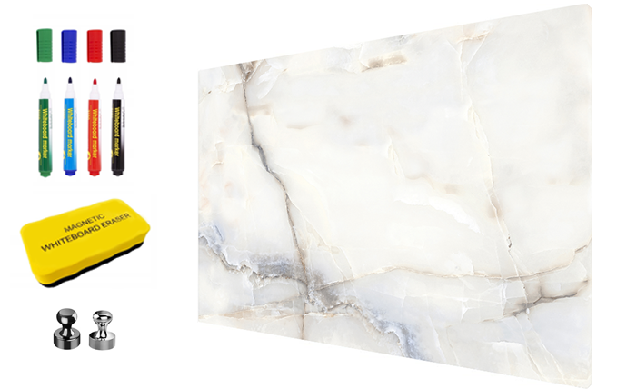 Magnetic Metal Board – Dry-Erase Wall Board & Strong Magnet Bulletin Board for Offices, Homes & Classrooms – Modern & Durable Wall Organizer : White marble design