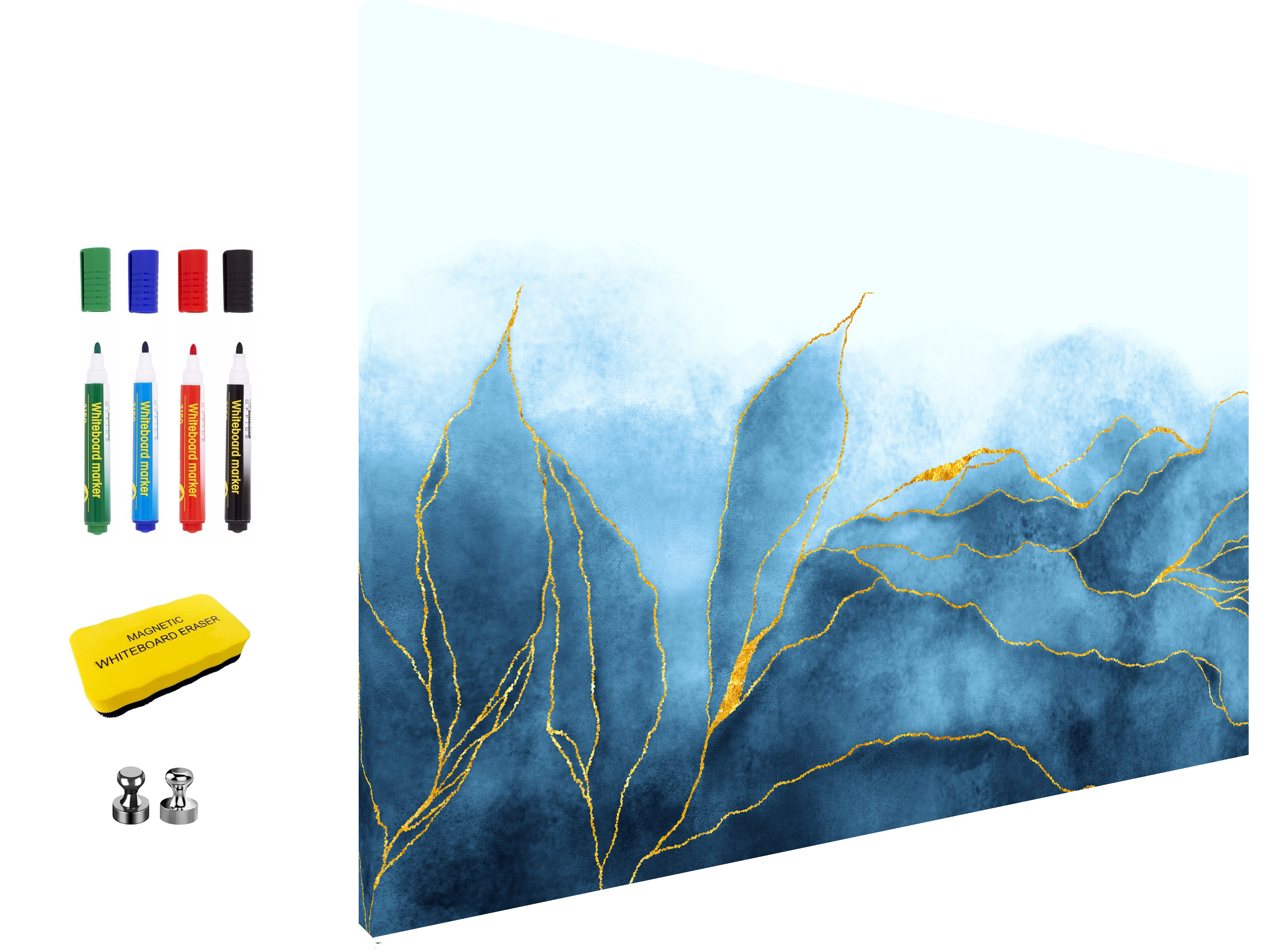 Magnetic Metal Board – Dry-Erase Wall Board & Strong Magnet Bulletin Board for Offices, Homes & Classrooms – Modern & Durable Wall Organizer : Blue marble leaves