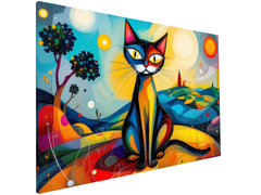 Magnetic board with a colorful painting of a cat with a whimsical style, sitting against an abstract background with trees and a sunset.