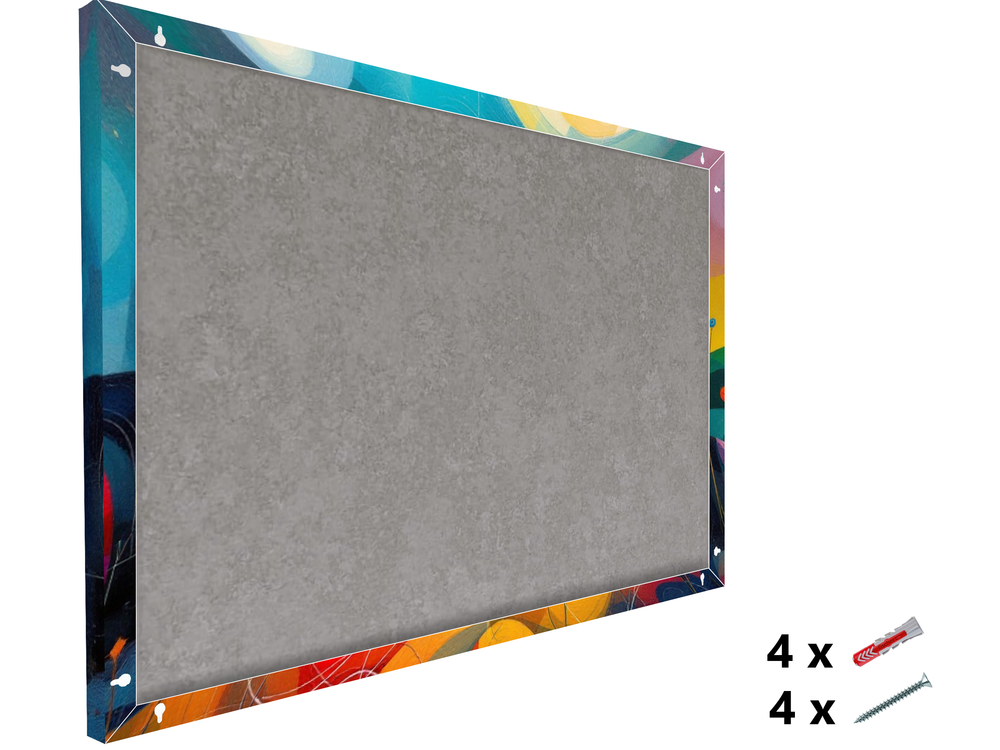 Side angle view of magnetic metal board showing slim profile and installation accessories on a white background