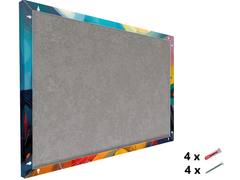 Side angle view of magnetic metal board showing slim profile and installation accessories on a white background