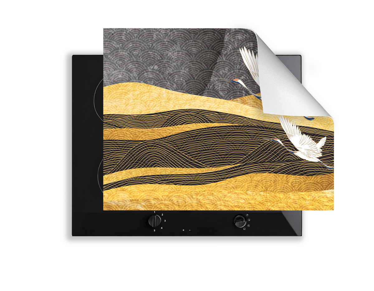 Induction Hob Cover Mat 60x52cm – 3mm Thick PVC Cooker Top Protector – Decorative Water?Resistant Hob Cover with Stylish Modern Designs for Induction & Electric Hobs: Japanese Crane Birds