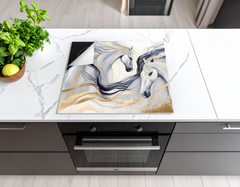Induction Hob Cover Mat 60x52cm – 3mm Thick PVC Cooker Top Protector – Decorative Water?Resistant Hob Cover with Stylish Modern Designs for Induction & Electric Hobs: Marble Horses