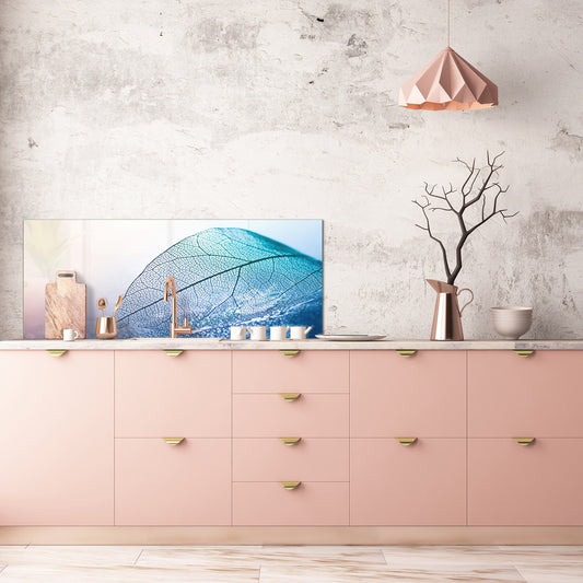 Design glass backsplash - Tempered Glass BBS29 splashback w/wo magnetic properties : Nature Series : Transparent blue leaf