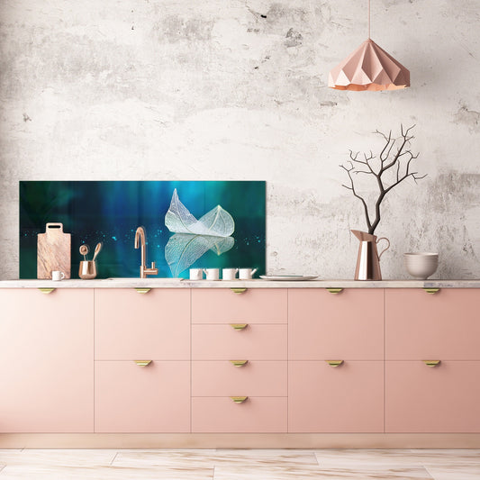 Design glass backsplash - Tempered Glass BBS29 splashback w/wo magnetic properties : Nature Series : Leaf on a mirror surface 2