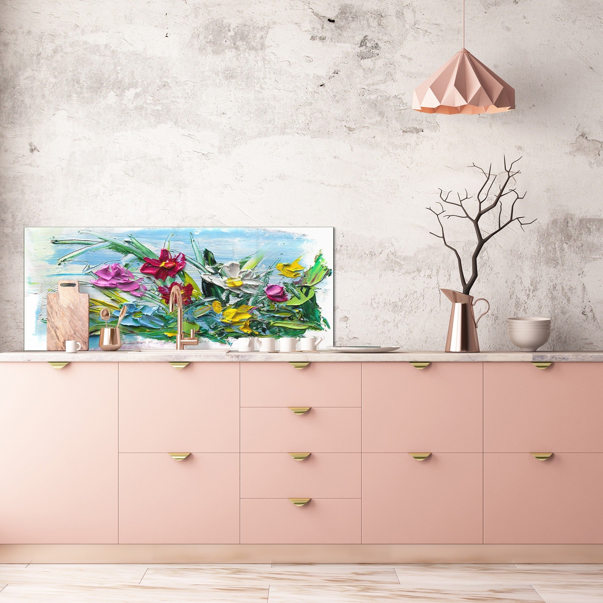 Contemporary glass kitchen panel - Wide format wall backsplash BBS30 w/wo magnetic properties : Art. Series : Bouquet of flowers 2