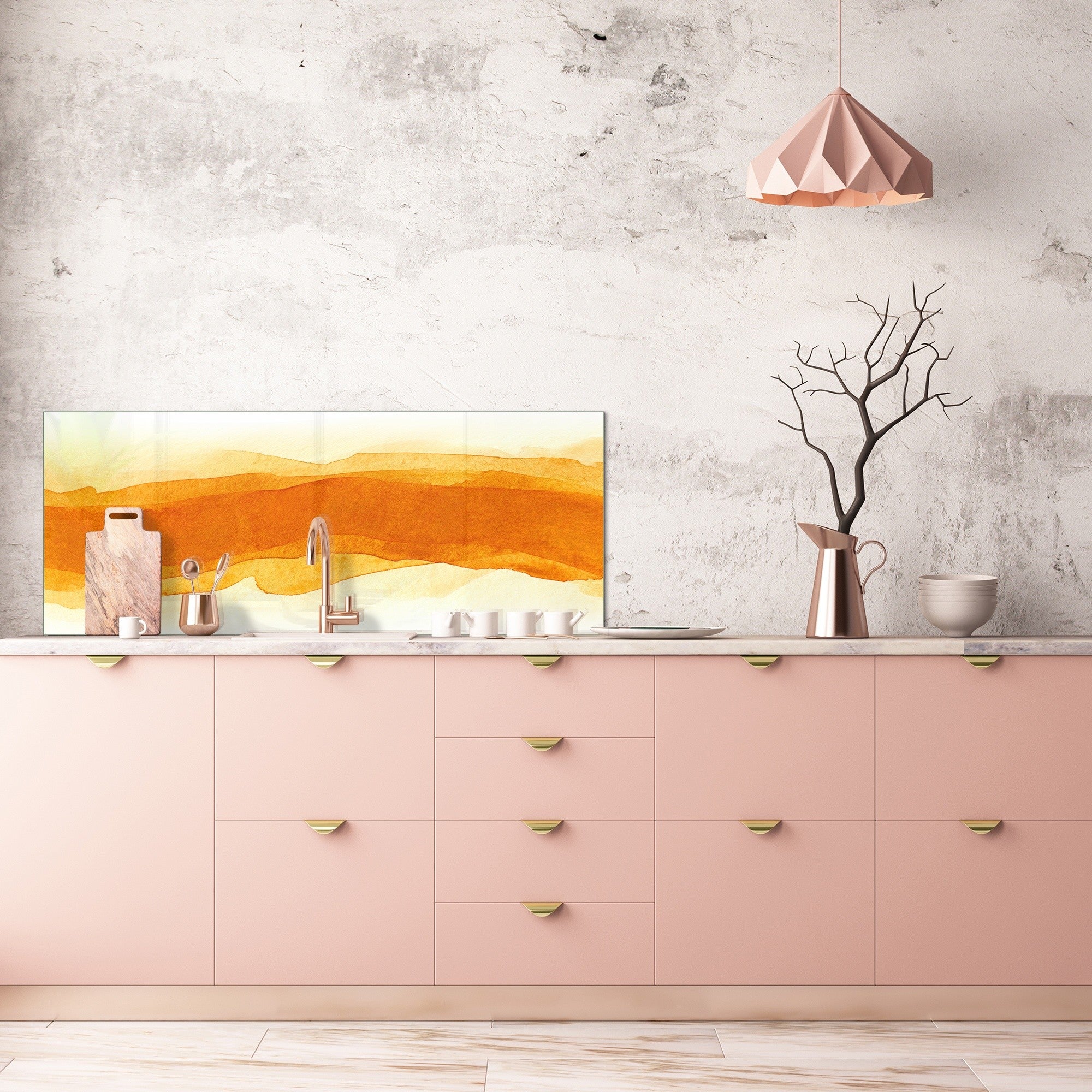 Contemporary glass kitchen panel - Wide format wall backsplash BBS30 w/wo magnetic properties : Art. Series : Orange watercolour