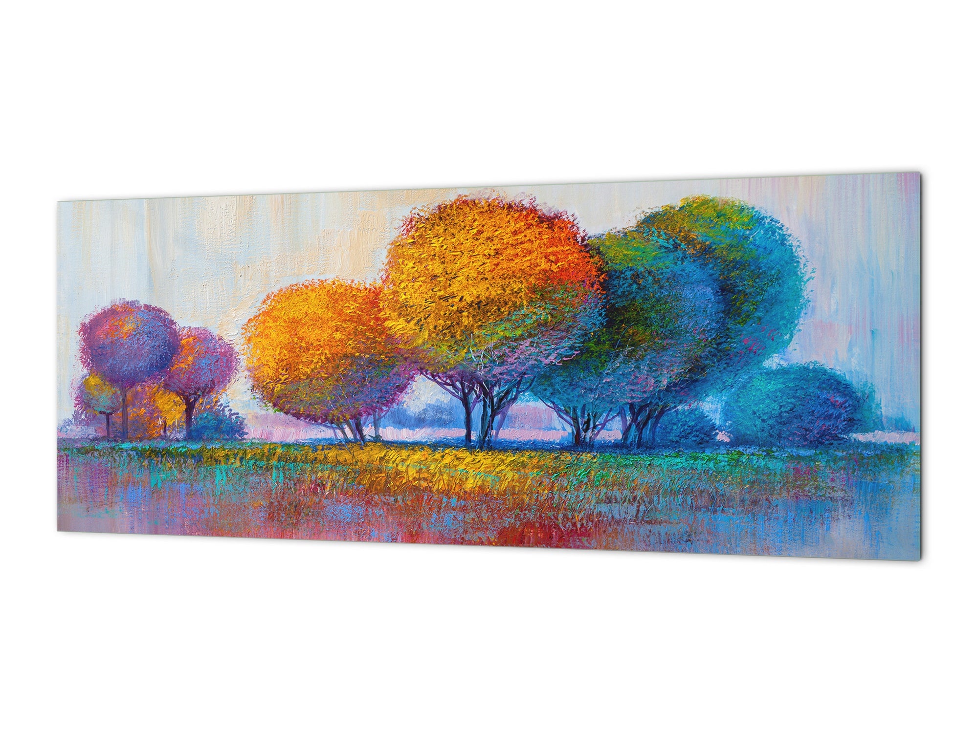 Contemporary glass kitchen panel - Wide format wall backsplash BBS30 w/wo magnetic properties : Art. Series : Colourful trees 1