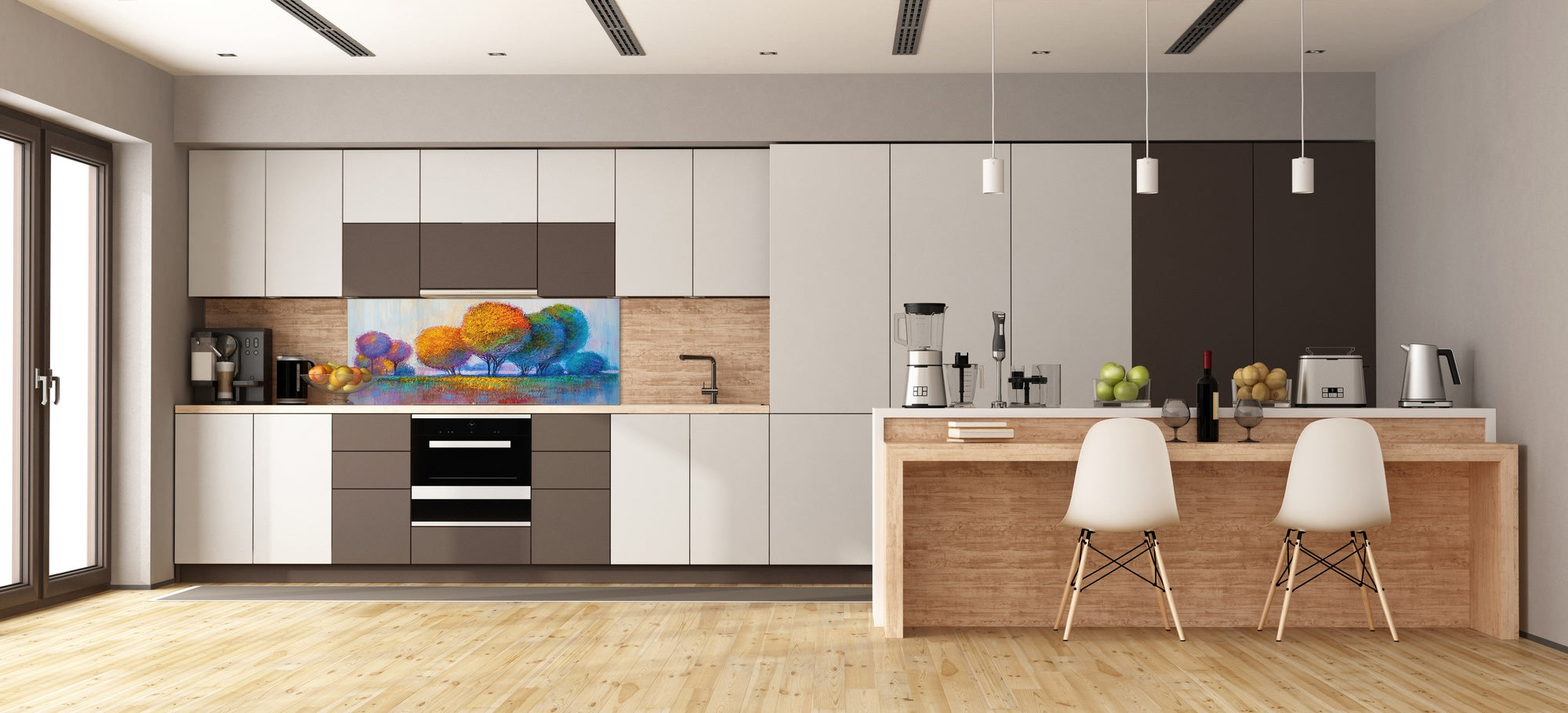 Contemporary glass kitchen panel - Wide format wall backsplash BBS30 w/wo magnetic properties : Art. Series : Colourful trees 1