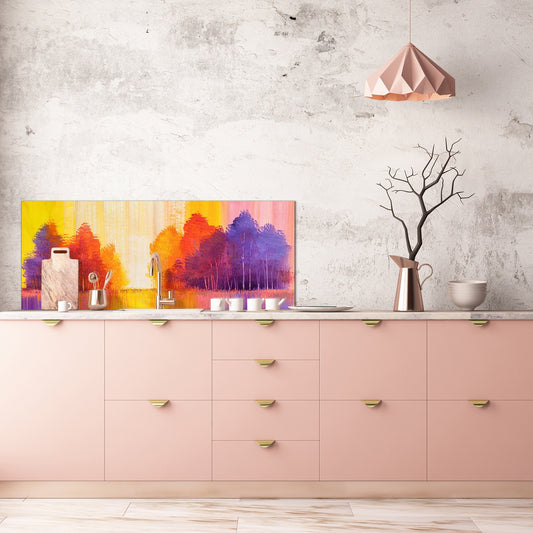 Contemporary glass kitchen panel - Wide format wall backsplash BBS30 w/wo magnetic properties : Art. Series : Colourful trees 2