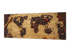 Toughened printed glass backsplash - Kitchen wall splashback BBS33 w/wo magnetic properties : Herbs and spices series : Coffee world map