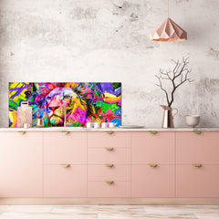 Stunning glass wall art - Wide format kitchen backsplash BBS32 w/wo magnetic properties : Animals series : Colourful lion