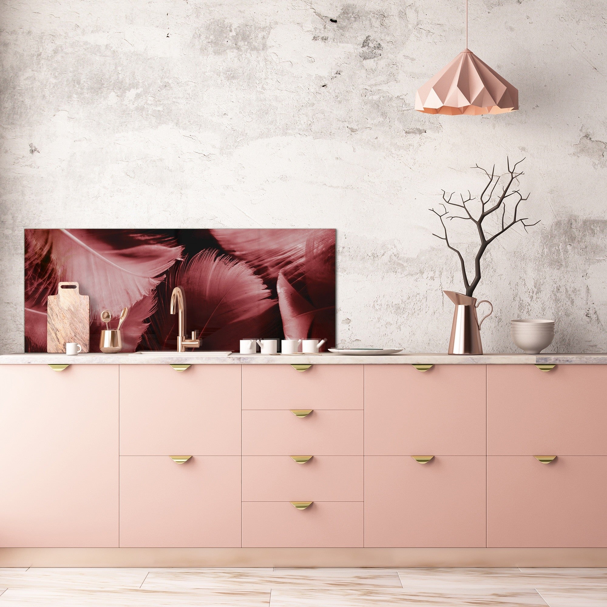 Stylish glass backsplash - Photo glass upstand BBS31 w/wo magnetic properties : Textures series : White and red feathers