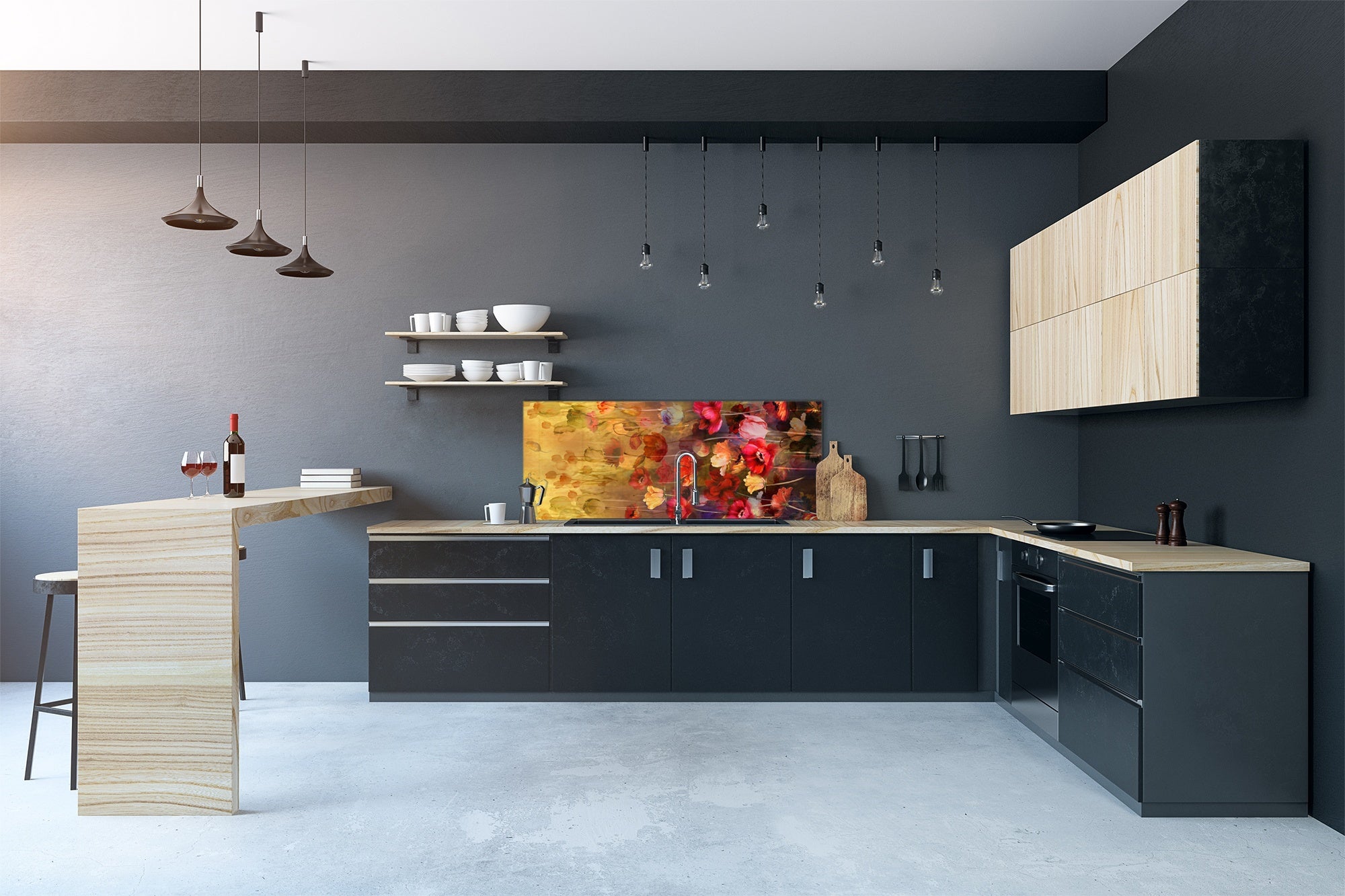 Design glass backsplash - Tempered Glass BBS29 splashback w/wo magnetic properties : Nature Series : Horizontal flowers