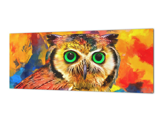 Stunning glass wall art - Wide format kitchen backsplash BBS32 w/wo magnetic properties : Animals series : Colourful owl