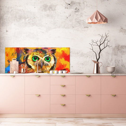 Stunning glass wall art - Wide format kitchen backsplash BBS32 w/wo magnetic properties : Animals series : Colourful owl