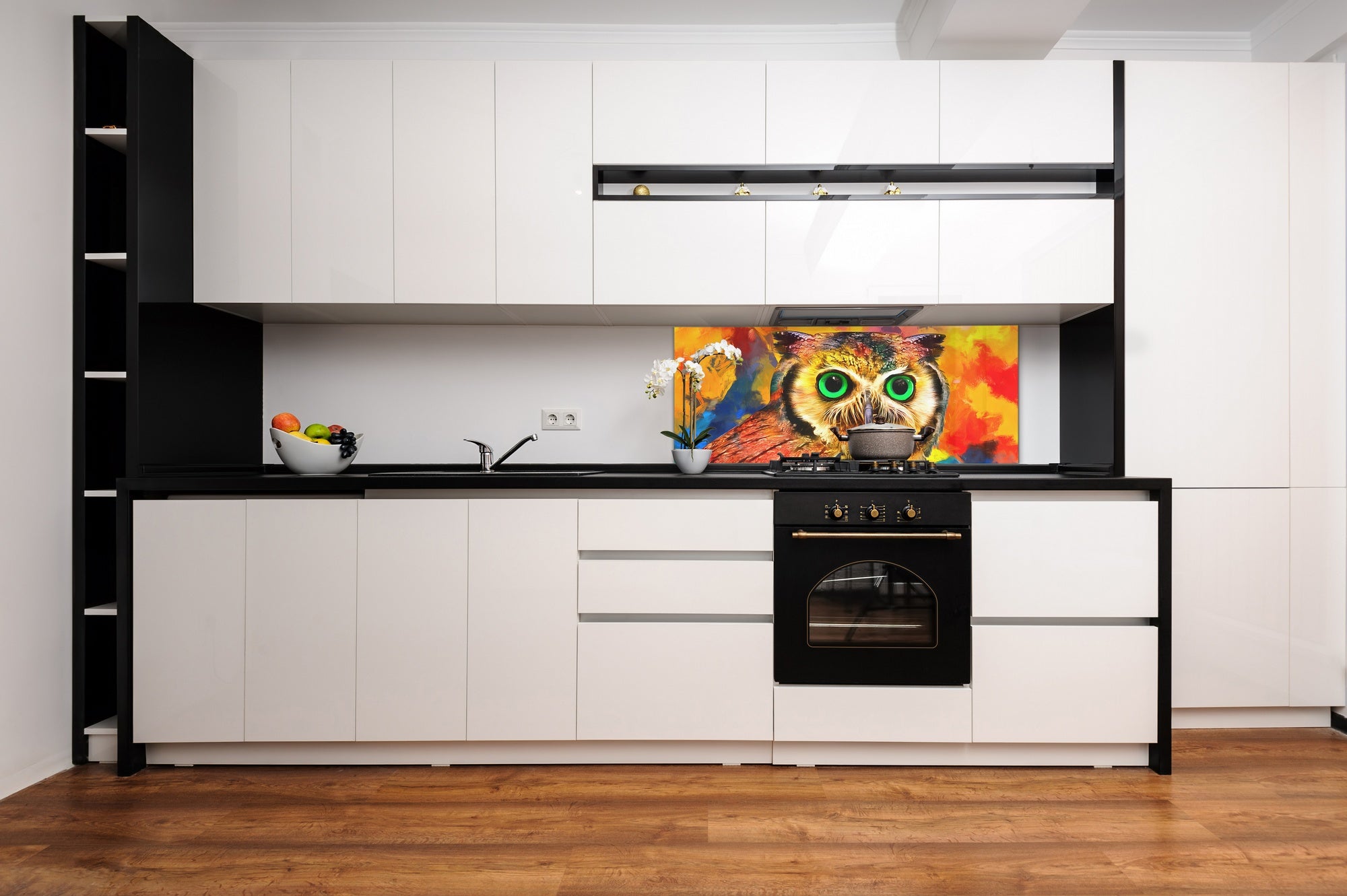Stunning glass wall art - Wide format kitchen backsplash BBS32 w/wo magnetic properties : Animals series : Colourful owl