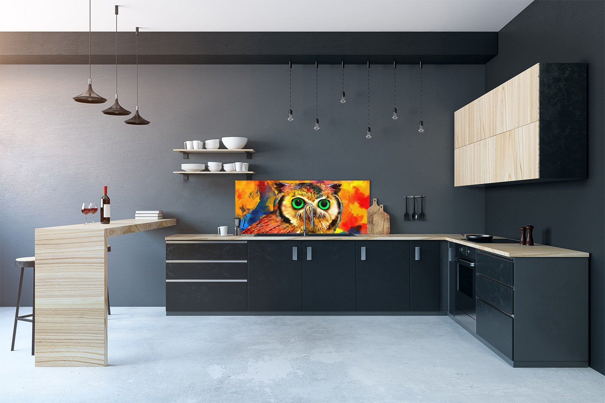 Stunning glass wall art - Wide format kitchen backsplash BBS32 w/wo magnetic properties : Animals series : Colourful owl
