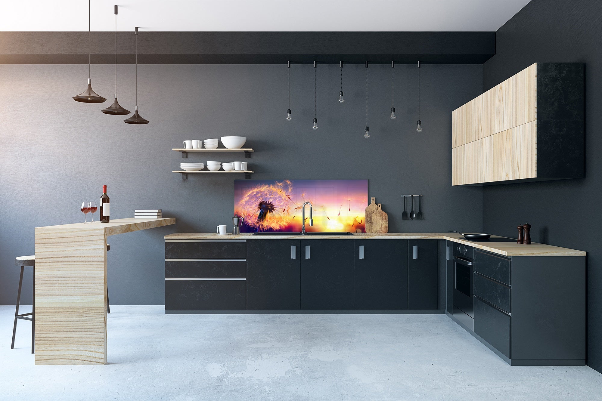 Design glass backsplash - Tempered Glass BBS29 splashback w/wo magnetic properties : Nature Series : Sunset dandelion