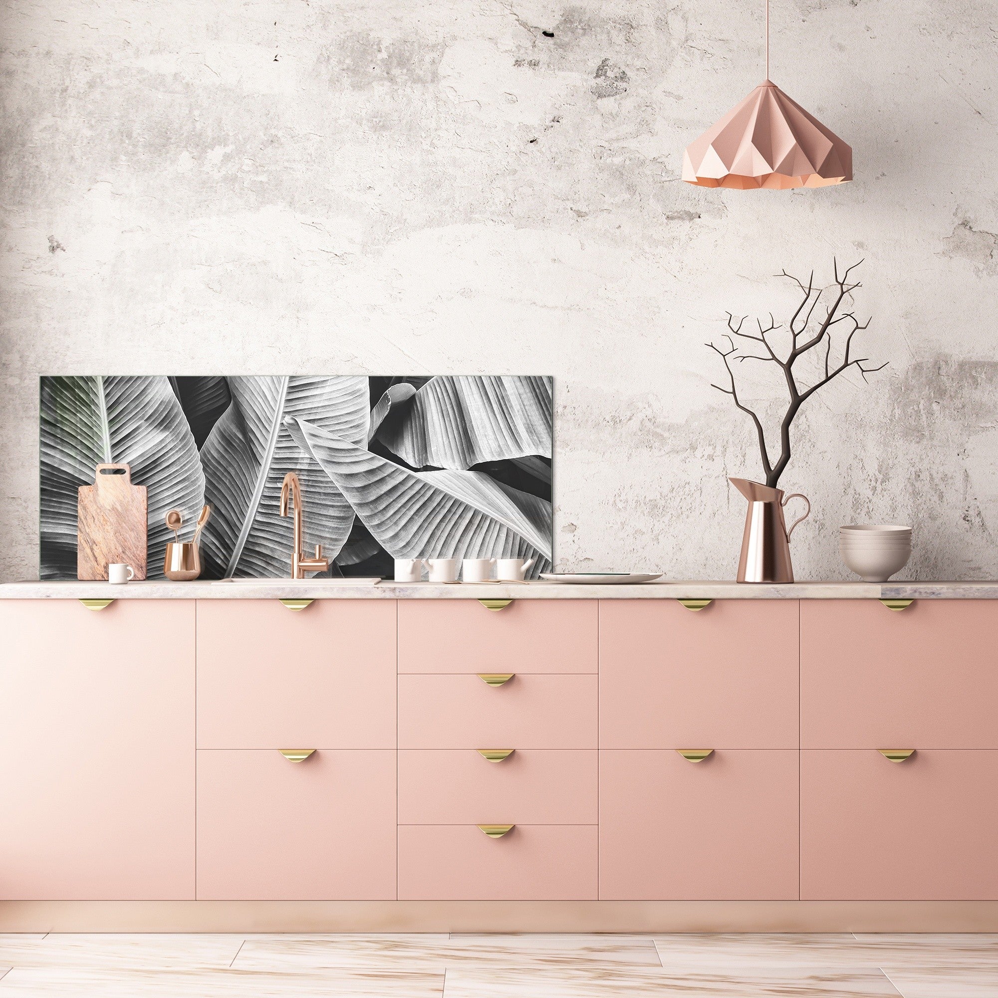 Design glass backsplash - Tempered Glass BBS29 splashback w/wo magnetic properties : Nature Series : Black and white banana leaves