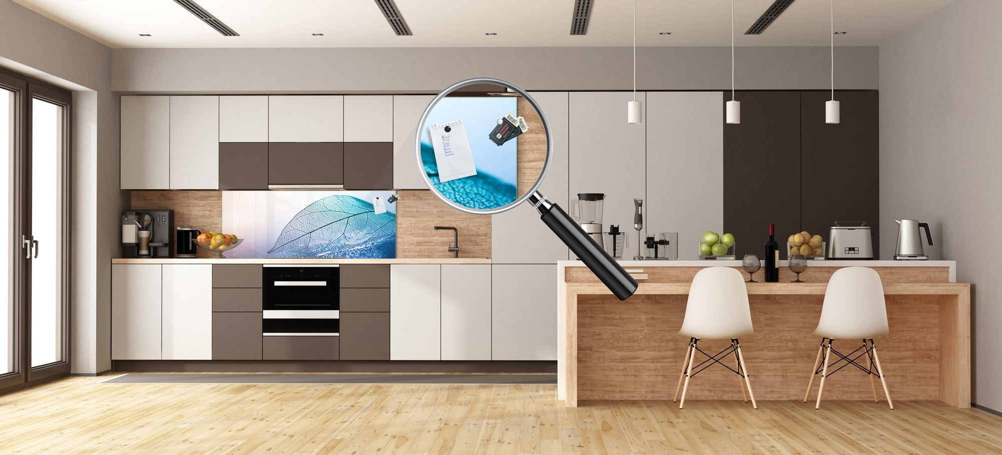 Design glass backsplash - Tempered Glass BBS29 splashback w/wo magnetic properties : Nature Series : Transparent blue leaf