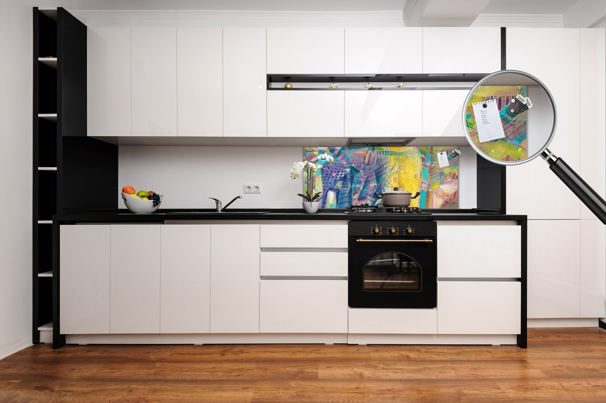 Contemporary glass kitchen panel - Wide format wall backsplash BBS30 w/wo magnetic properties : Art. Series : Abstract Indian elephant