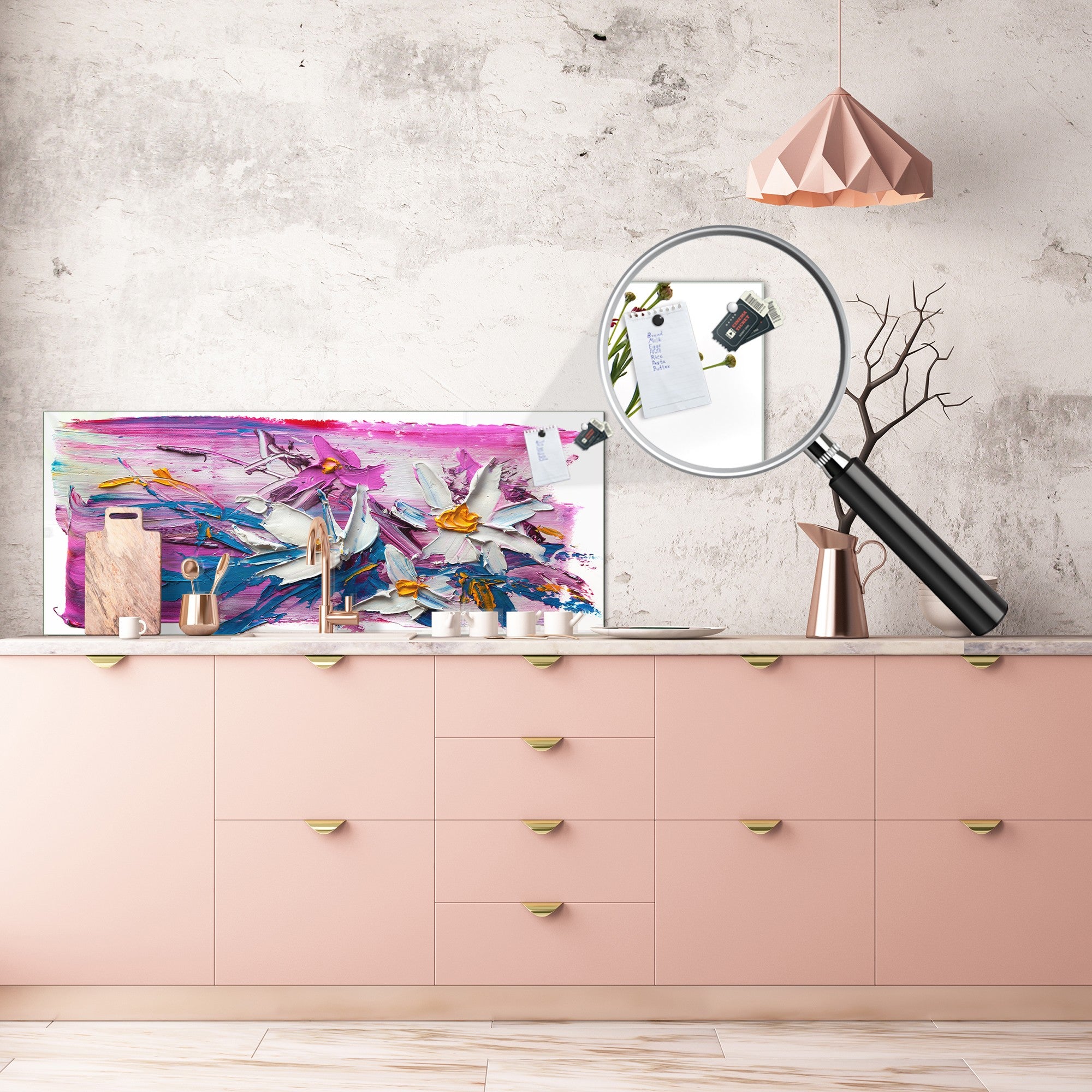 Contemporary glass kitchen panel - Wide format wall backsplash BBS30 w/wo magnetic properties : Art. Series : Bouquet of flowers