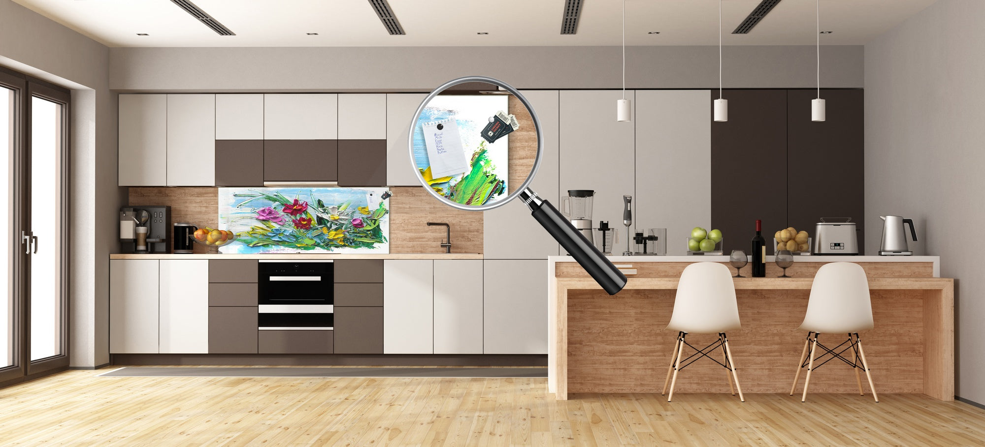 Contemporary glass kitchen panel - Wide format wall backsplash BBS30 w/wo magnetic properties : Art. Series : Bouquet of flowers 2