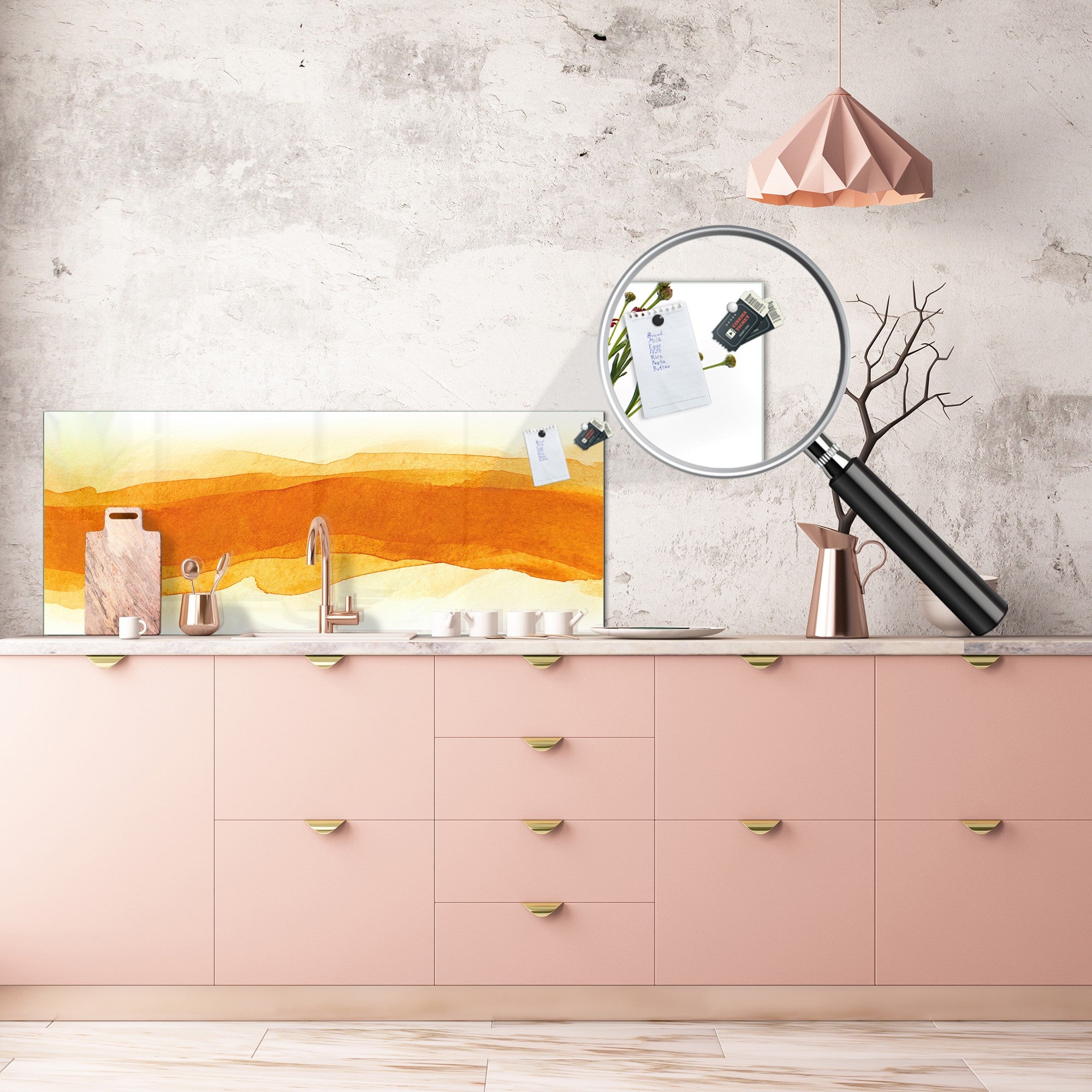 Contemporary glass kitchen panel - Wide format wall backsplash BBS30 w/wo magnetic properties : Art. Series : Orange watercolour