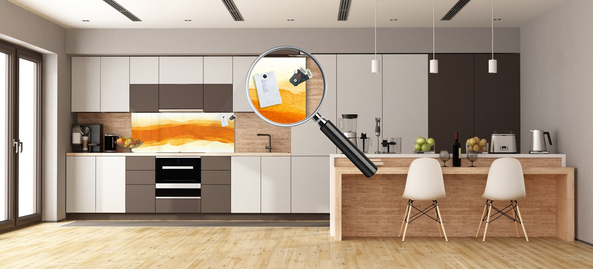 Contemporary glass kitchen panel - Wide format wall backsplash BBS30 w/wo magnetic properties : Art. Series : Orange watercolour