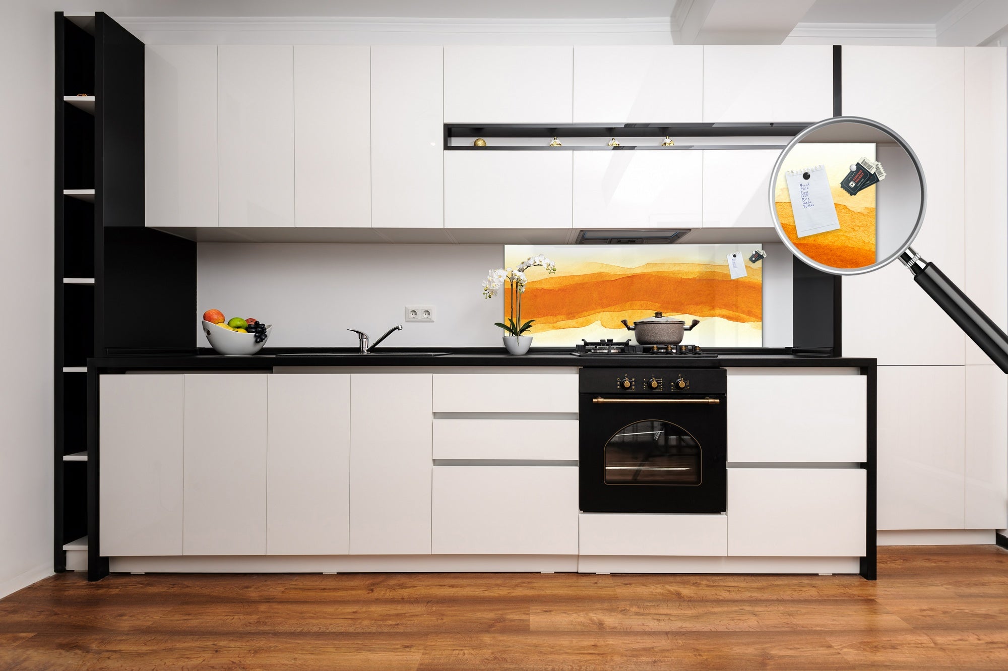 Contemporary glass kitchen panel - Wide format wall backsplash BBS30 w/wo magnetic properties : Art. Series : Orange watercolour