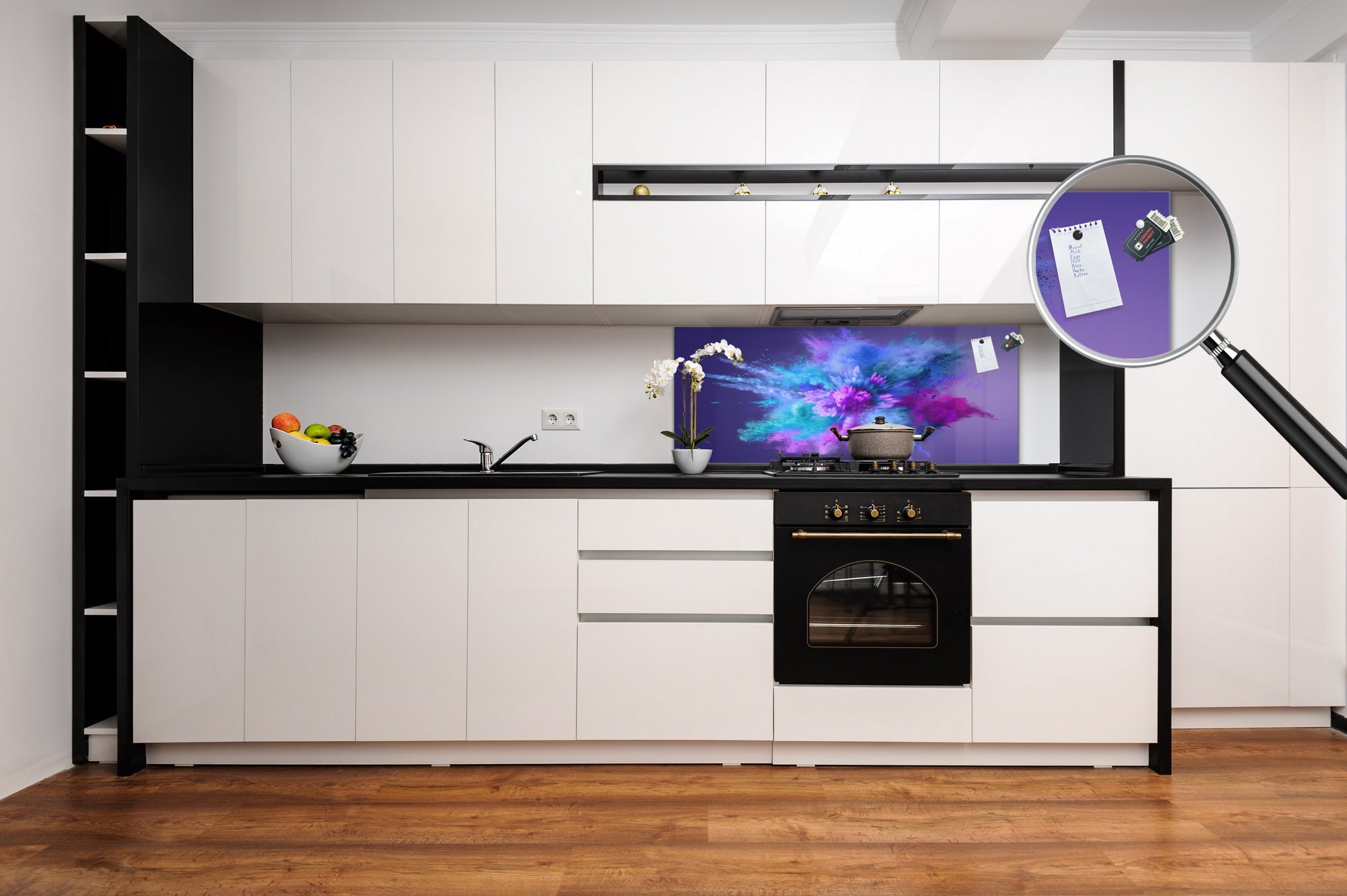 Contemporary glass kitchen panel - Wide format wall backsplash BBS30 w/wo magnetic properties : Art. Series : Colour explosion 1