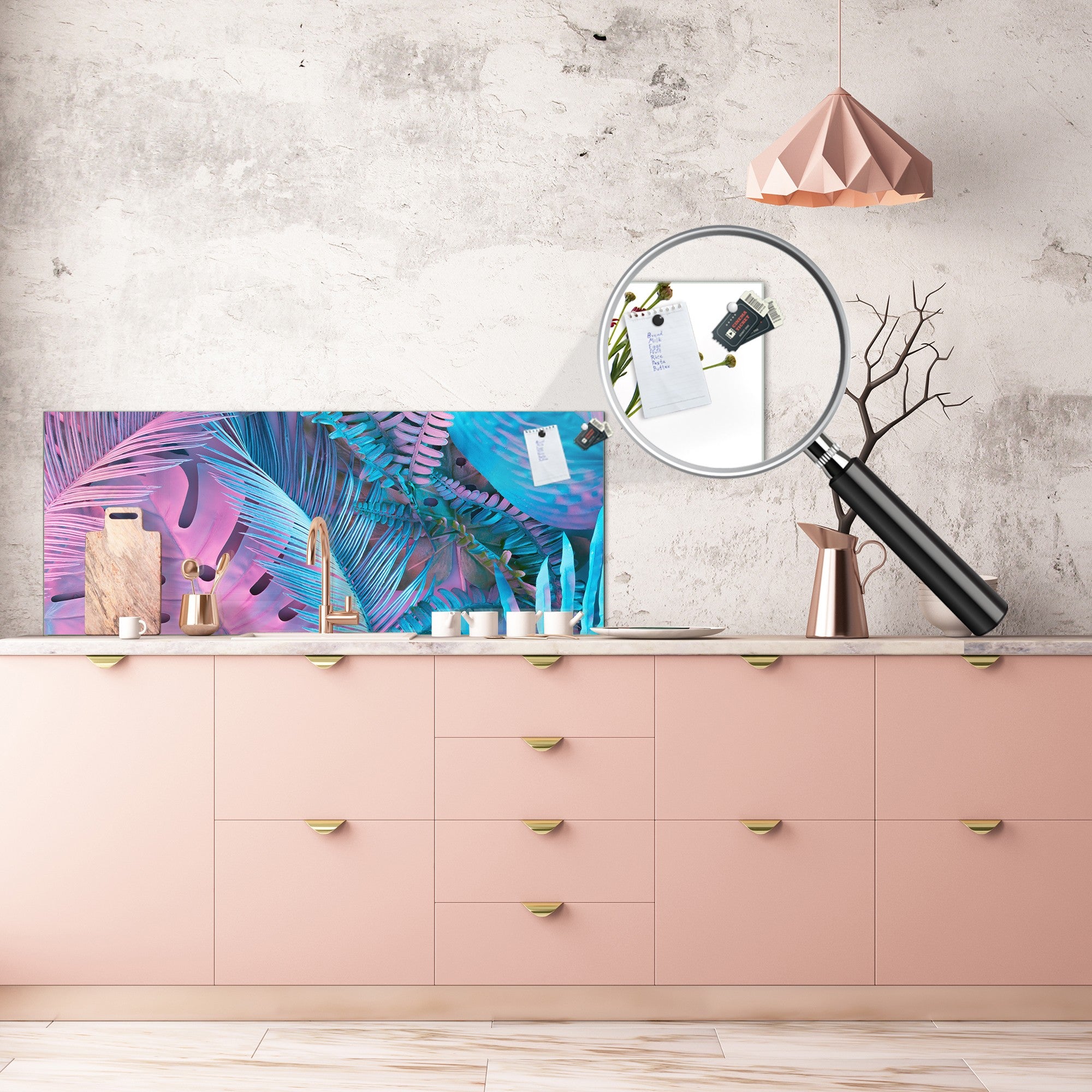 Design glass backsplash - Tempered Glass BBS29 splashback w/wo magnetic properties : Nature Series : Neon tropical leaves