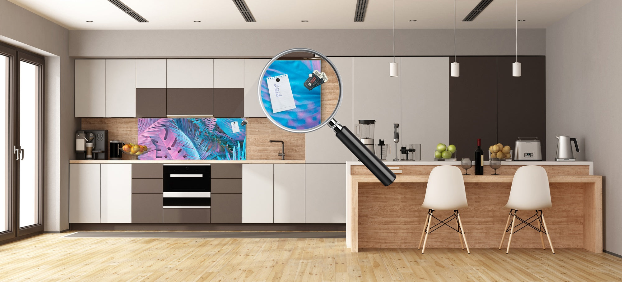 Design glass backsplash - Tempered Glass BBS29 splashback w/wo magnetic properties : Nature Series : Neon tropical leaves
