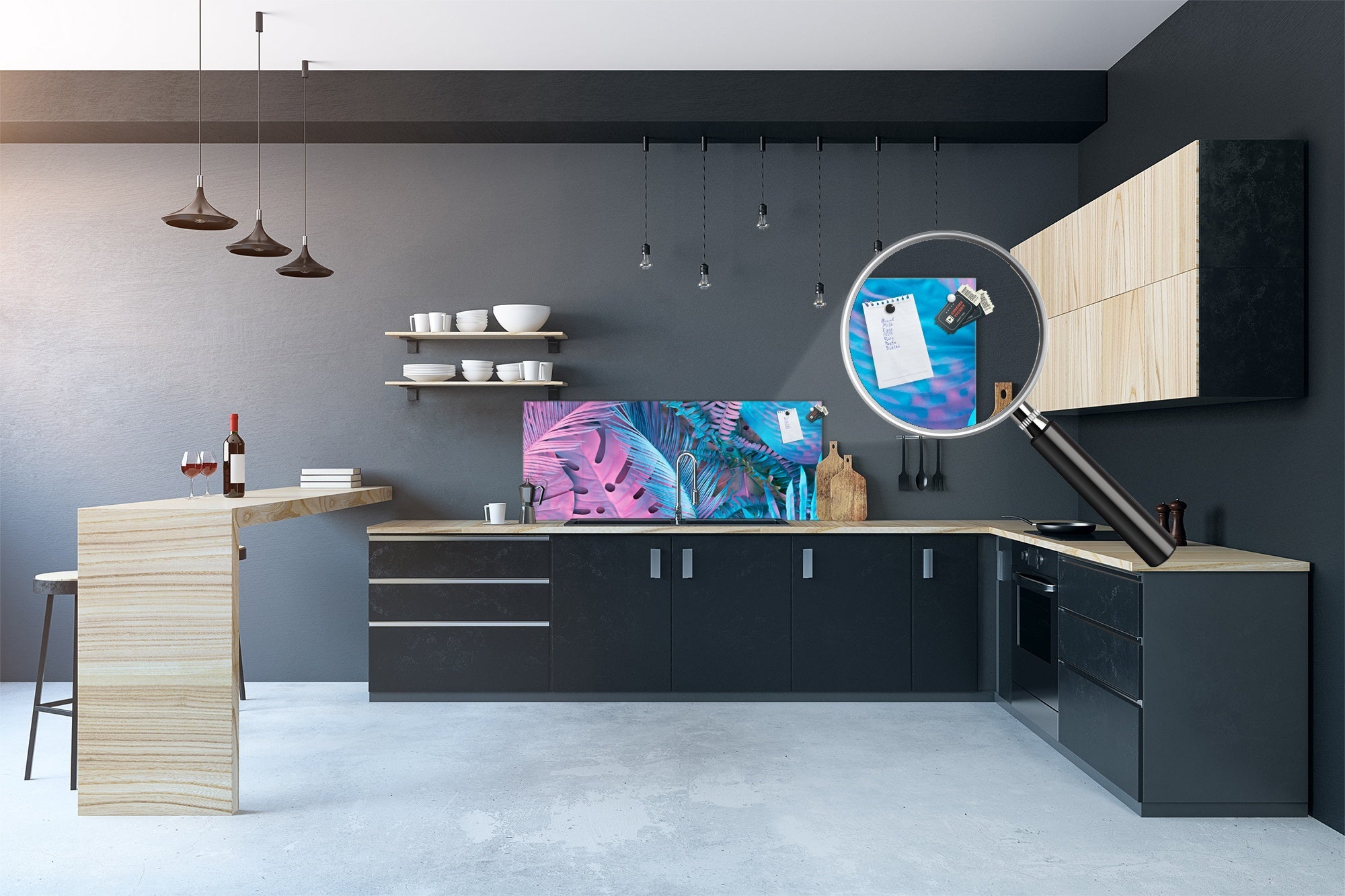 Design glass backsplash - Tempered Glass BBS29 splashback w/wo magnetic properties : Nature Series : Neon tropical leaves