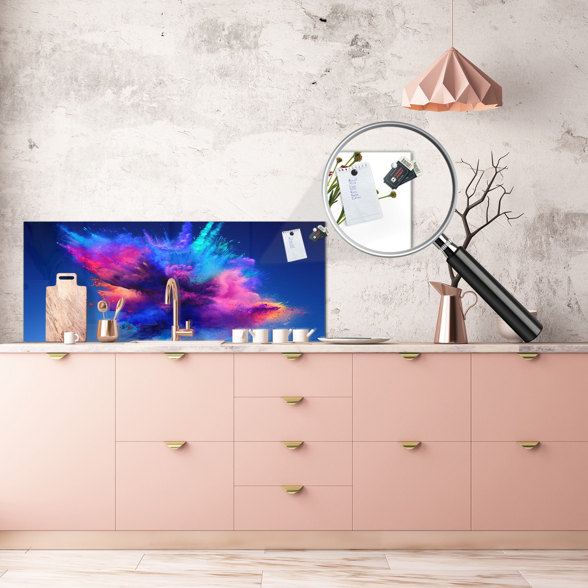 Contemporary glass kitchen panel - Wide format wall backsplash BBS30 w/wo magnetic properties : Art. Series : Colour explosion 2